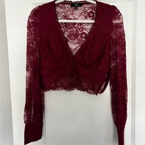 Lulu's Deep Red Lace V-Neck Blouse